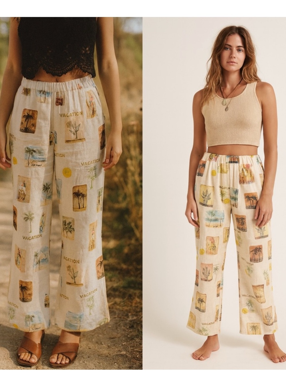 NWT C&C California Linen Blend Vacation Print‎ Pants XS Resortwear